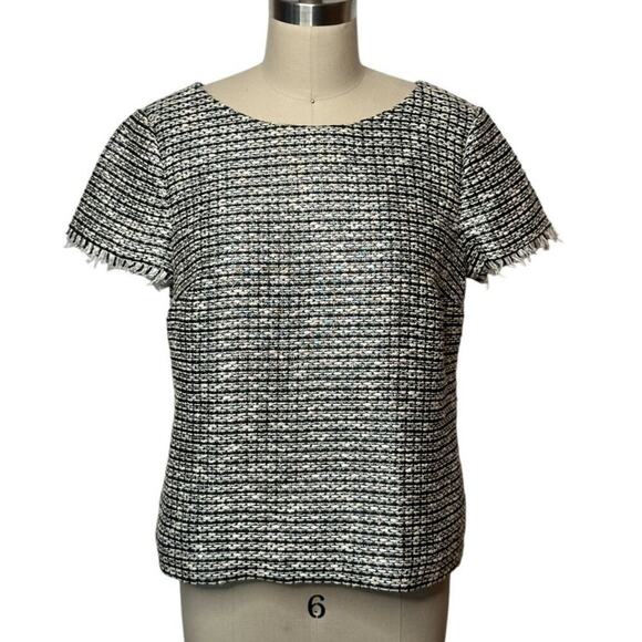 Talbots Gray Black Tweed Short Sleeve Blouse W. Fringe Sleeves Women's Size 8P - Picture 2 of 6